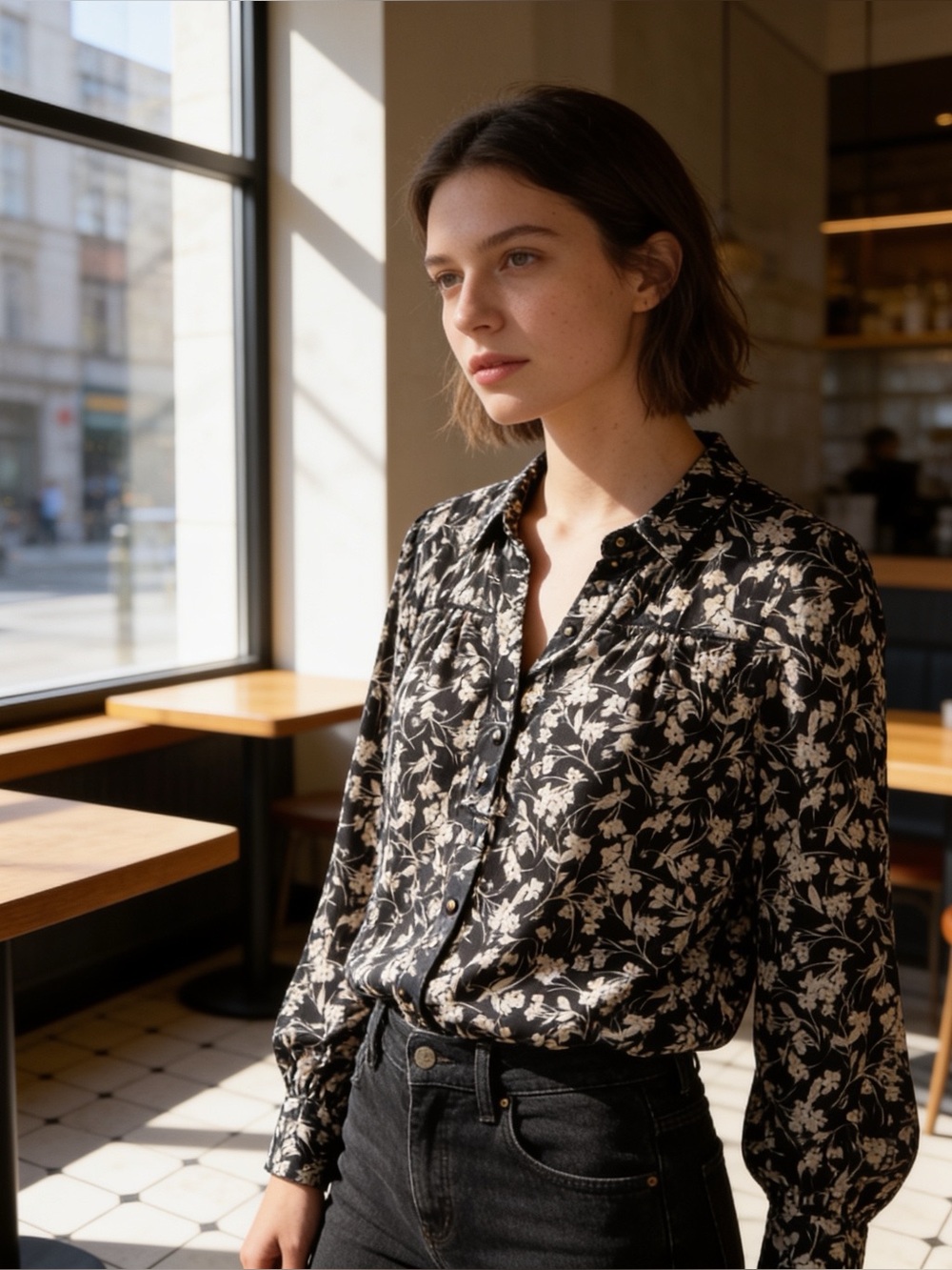 Lauren Ralph Lauren | Women’s Black & White Floral V-Neck Long Sleeve Blouse | M